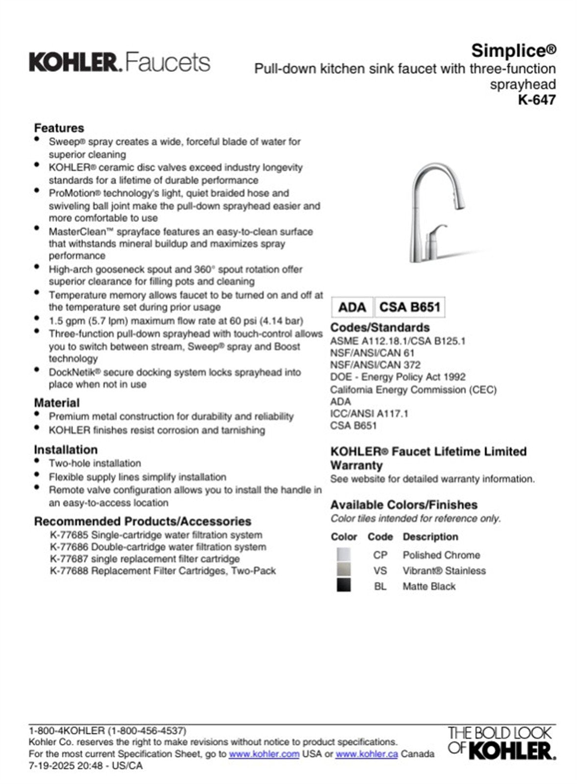 Kohler Simplice 1 Hole Pull Down Kitchen Faucet in Vibrant Stainless K-647-VS