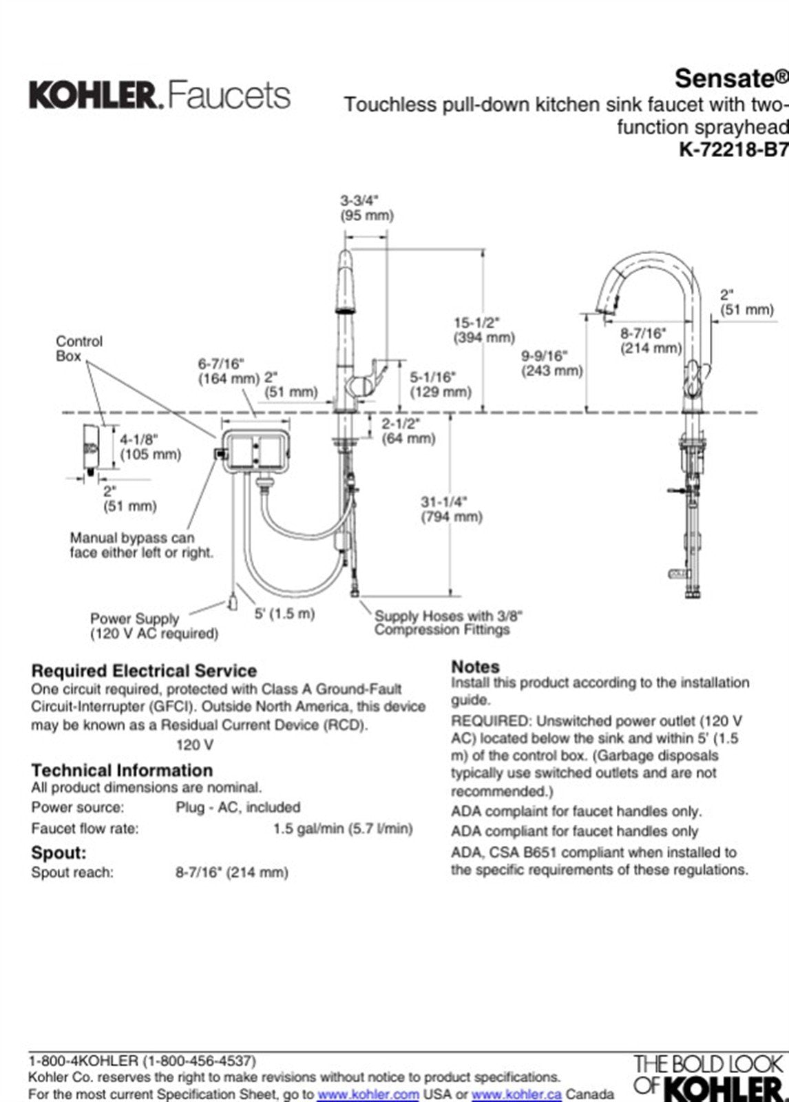 Kohler Sensate Touchless pull-down kitchen faucet Vib. Stainless K-72218-B7-VS