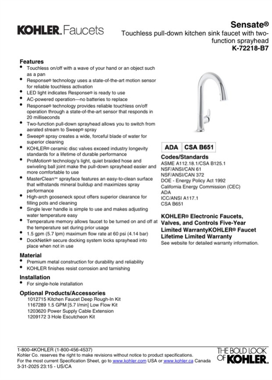 Kohler Sensate Touchless pull-down kitchen faucet Vib. Stainless K-72218-B7-VS