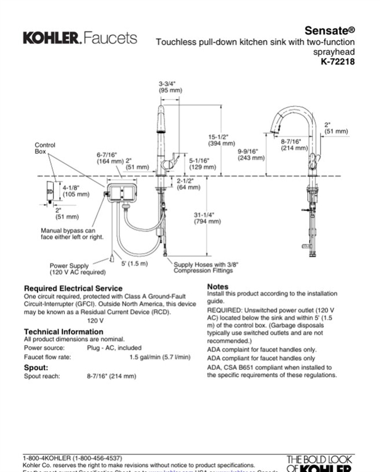 Kohler Sensate Touchless pull-down kitchen faucet Vib. Stainless K-72218-B7-VS