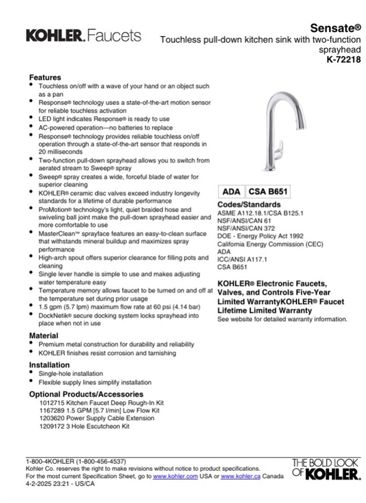 Kohler Sensate Touchless pull-down kitchen faucet Vib. Stainless K-72218-B7-VS