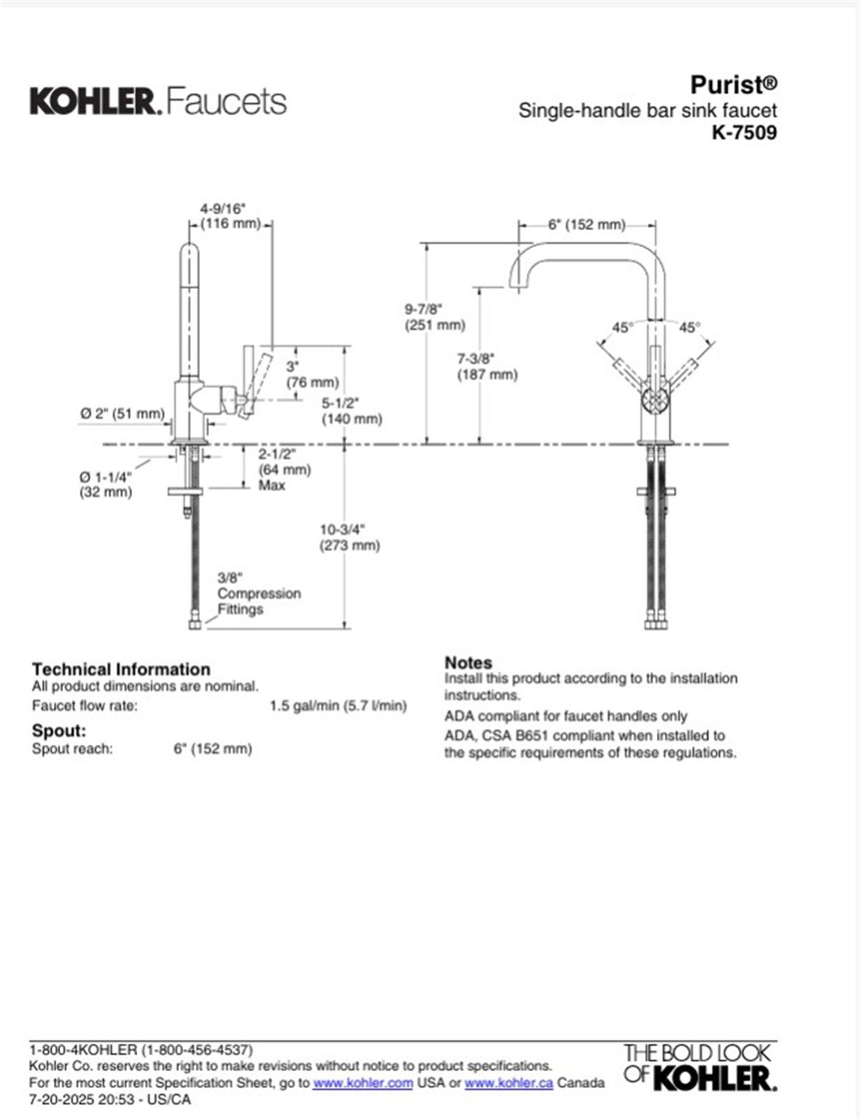 Kohler Purist 1 Hole Standard Kitchen Faucet in Vibrant Stainless K-7509-VS