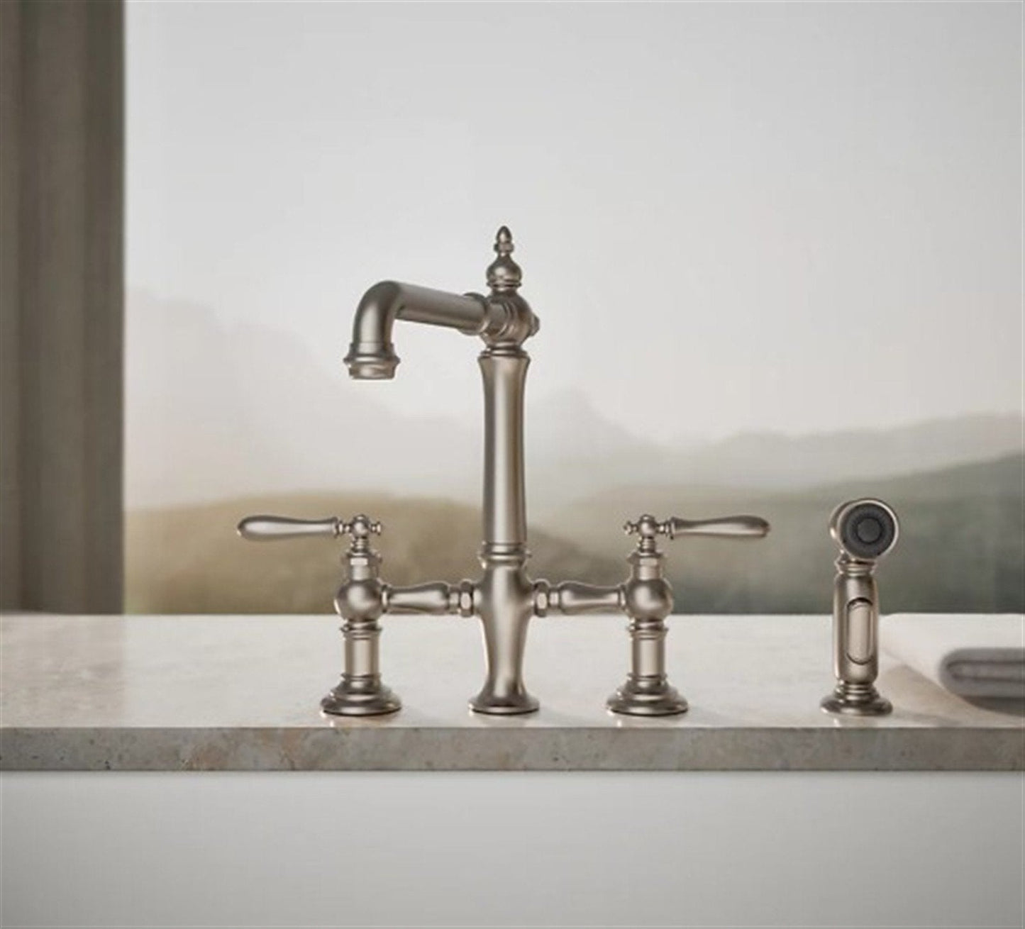Artifacts Bridge kitchen sink faucet w/spray Vibrant Stainless K-76519-4-VS