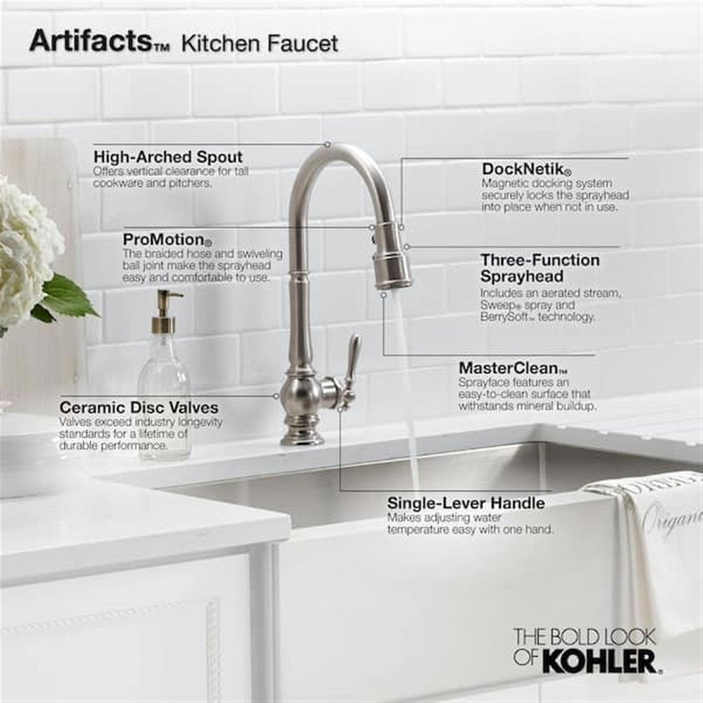 Kohler Artifacts 1 Hole Pull Down Kitchen Faucet in Vibrant Polished Nickel K-99259-SN
