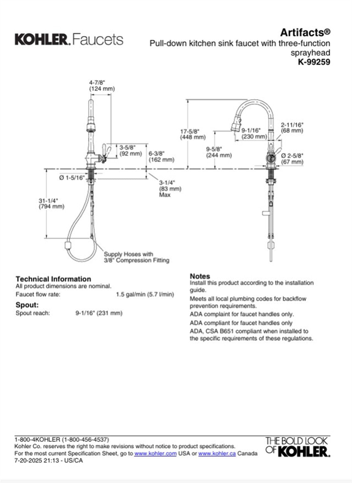 Kohler Artifacts 1 Hole Pull Down Kitchen Faucet in Vibrant Polished Nickel K-99259-SN