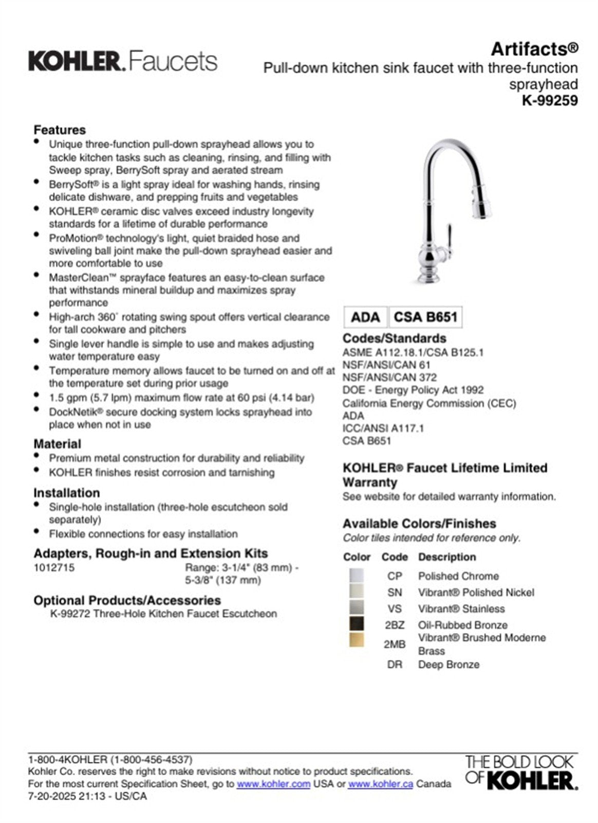 Kohler Artifacts 1 Hole Pull Down Kitchen Faucet in Vibrant Polished Nickel K-99259-SN