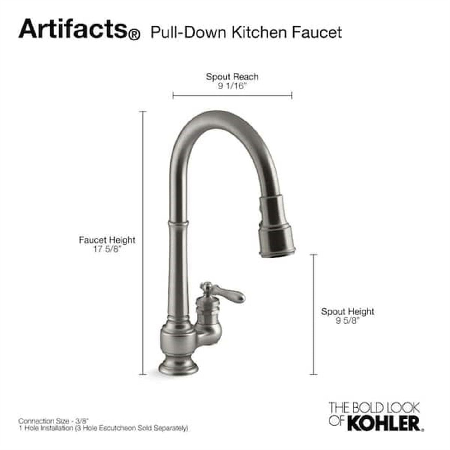Kohler Artifacts 1 Hole Pull Down Kitchen Faucet in Polished Chrome K-99260-CP