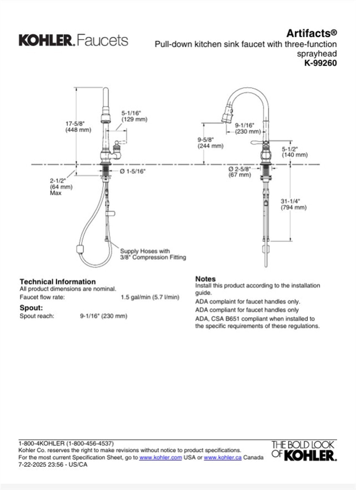 Kohler Artifacts 1 Hole Pull Down Kitchen Faucet in Polished Chrome K-99260-CP