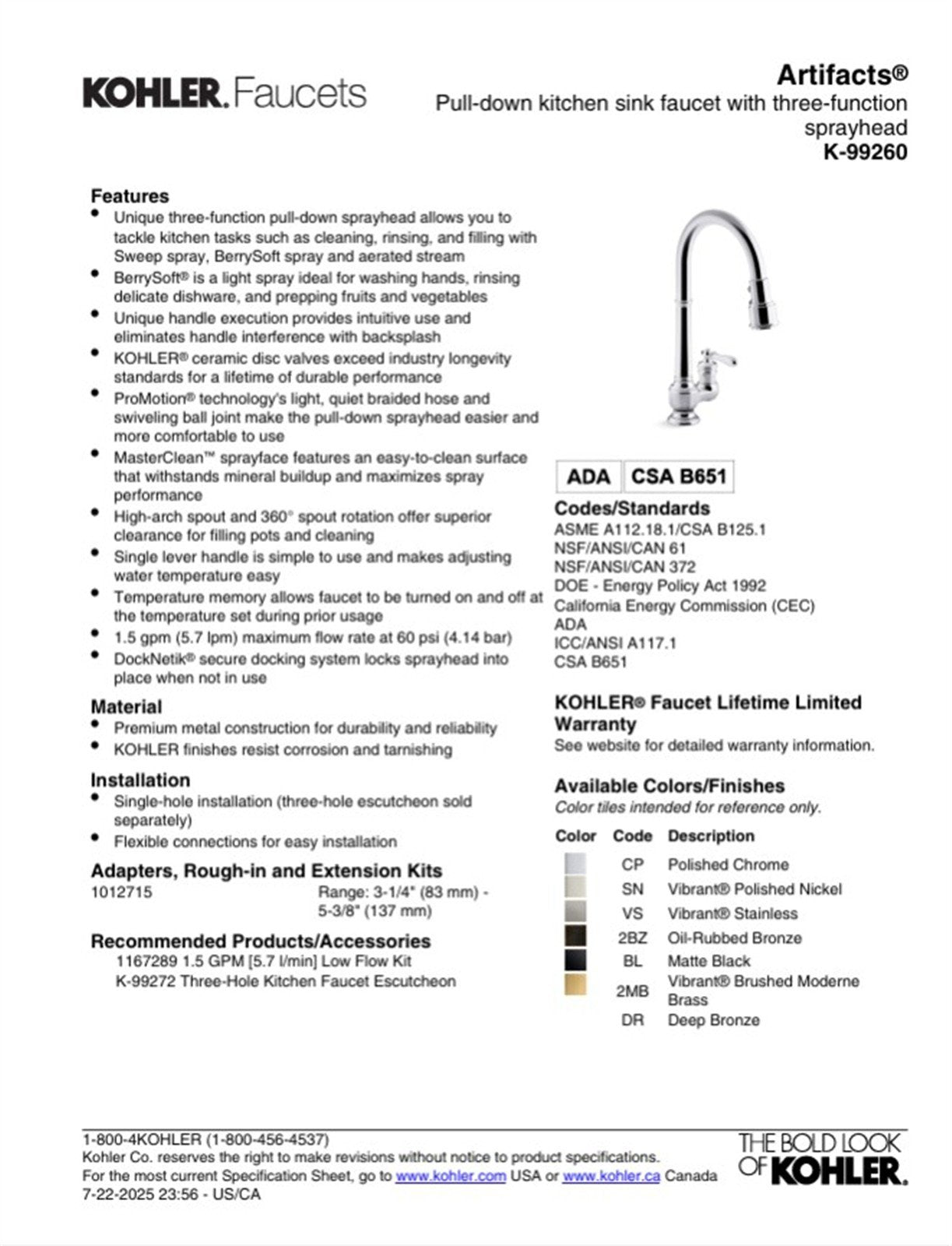 Kohler Artifacts 1 Hole Pull Down Kitchen Faucet in Polished Chrome K-99260-CP
