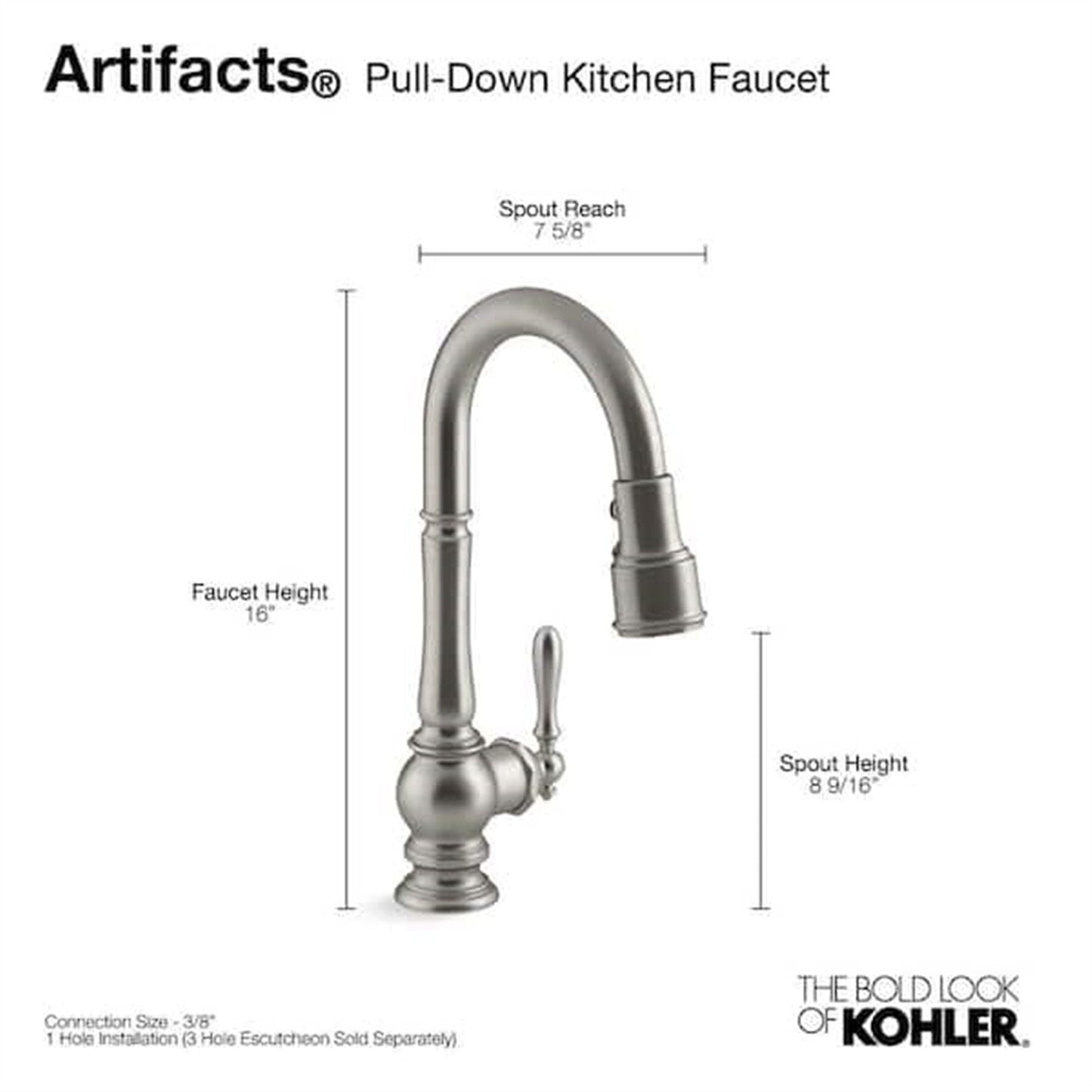 Kohler Artifacts 1 Hole Pull Down Kitchen Faucet in Vibrant Polished Nickel K-99261-SN