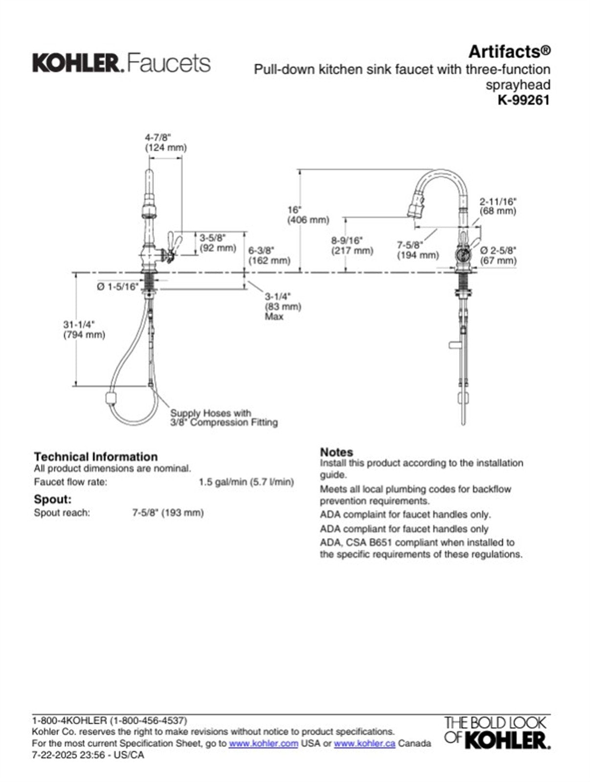 Kohler Artifacts 1 Hole Pull Down Kitchen Faucet in Vibrant Polished Nickel K-99261-SN