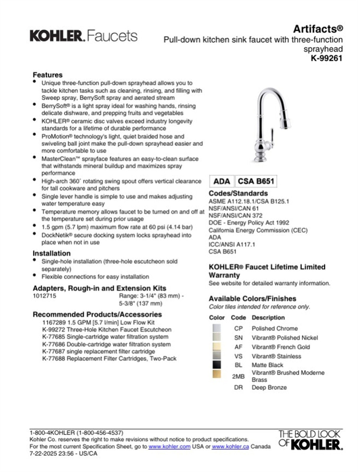 Kohler Artifacts 1 Hole Pull Down Kitchen Faucet in Vibrant Polished Nickel K-99261-SN