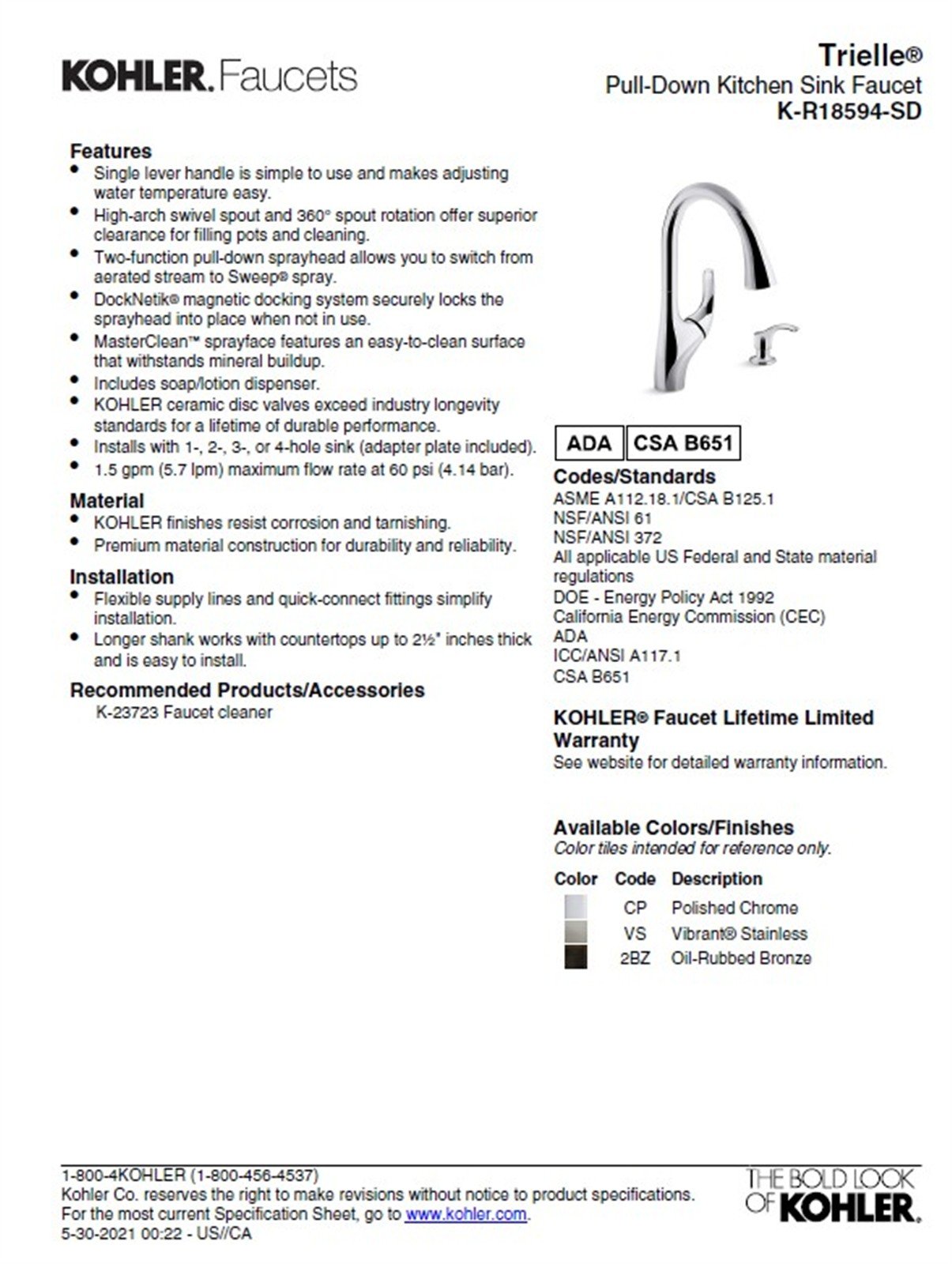 Kohler Trielle 1 Hole Pull Down Kitchen Faucet in Stainless Steel K-R18594-SD-VS