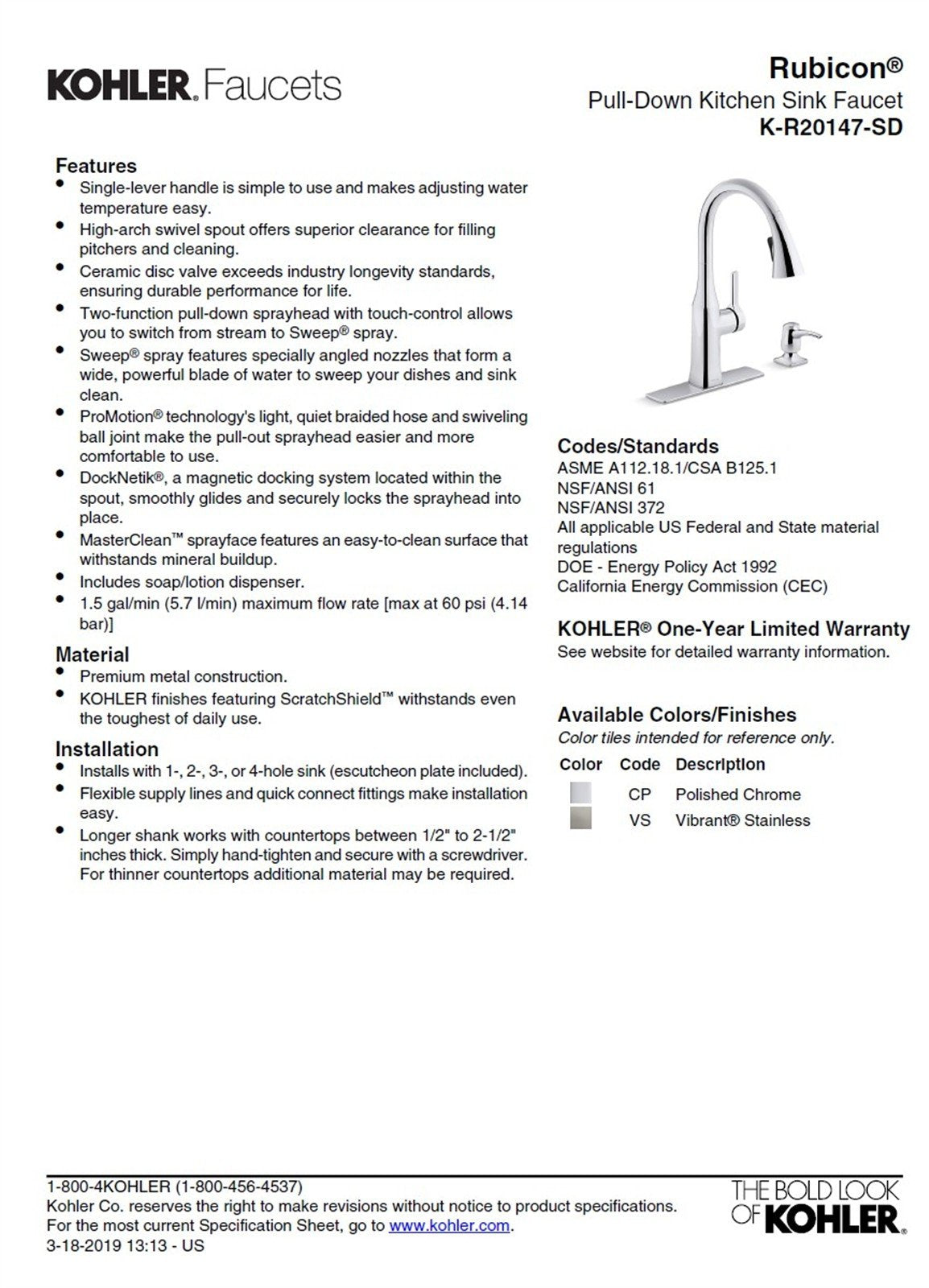 Kohler Rubicon 1 Hole Pull Down Kitchen Faucet in Vibrant Stainless K-R20147-SD-VS
