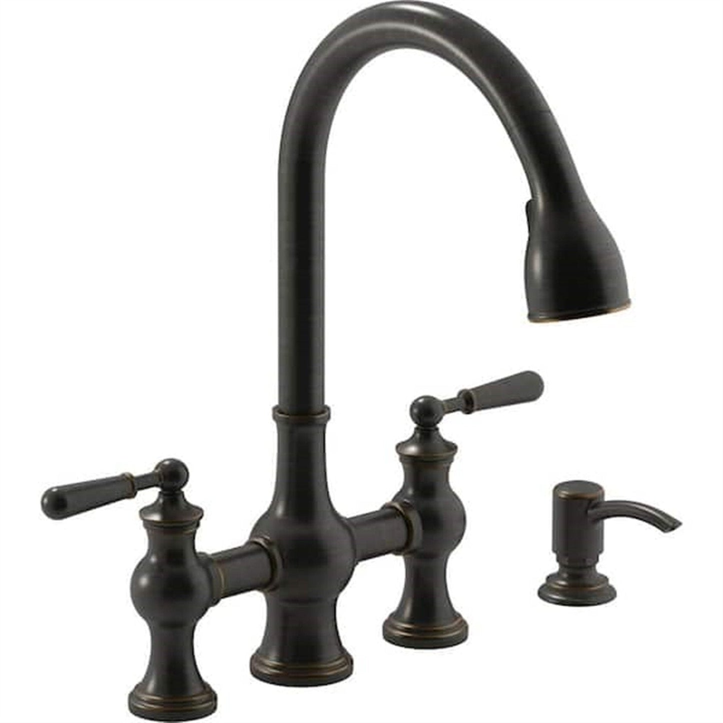 Kohler Capilano 2-Handle Bridge Farmhouse Pull-Down Kitchen Faucet with Soap Dispenser and Sweep Spray in Oil-Rubbed Bronze K-R21070-SD-2BZ