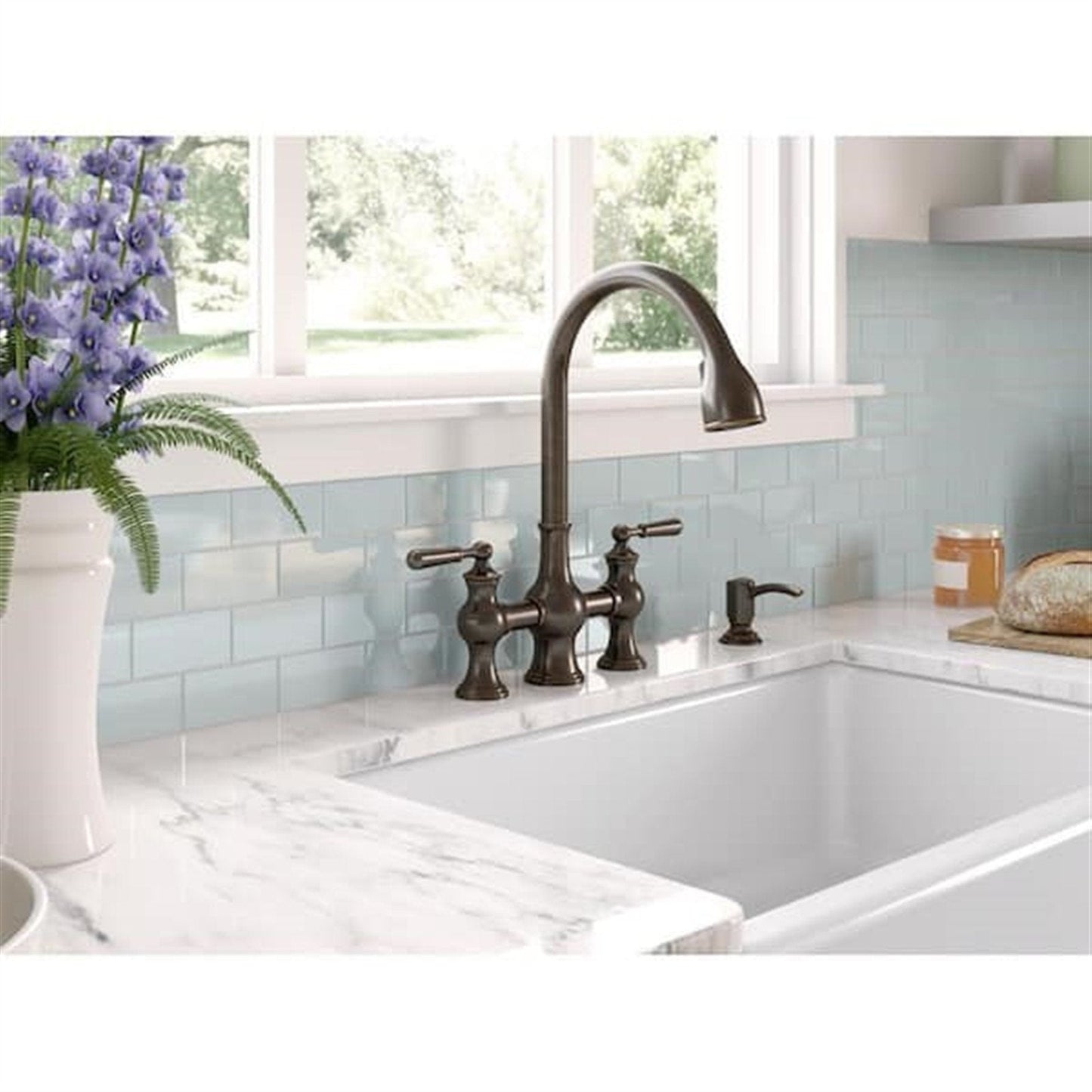 Kohler Capilano 2-Handle Bridge Farmhouse Pull-Down Kitchen Faucet with Soap Dispenser and Sweep Spray in Oil-Rubbed Bronze K-R21070-SD-2BZ