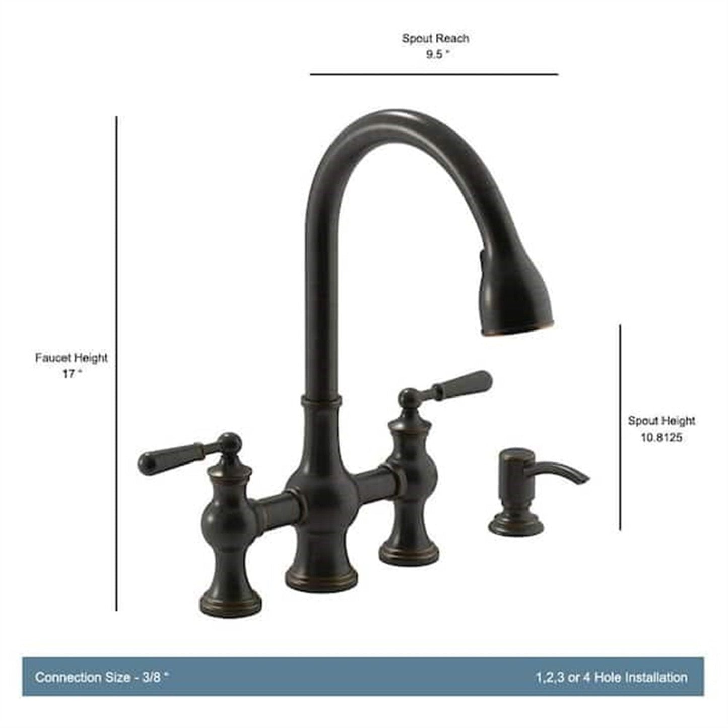 Kohler Capilano 2-Handle Bridge Farmhouse Pull-Down Kitchen Faucet with Soap Dispenser and Sweep Spray in Oil-Rubbed Bronze K-R21070-SD-2BZ