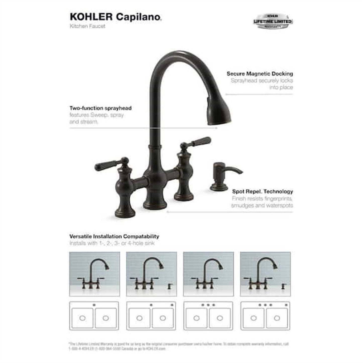 Kohler Capilano 2-Handle Bridge Farmhouse Pull-Down Kitchen Faucet with Soap Dispenser and Sweep Spray in Oil-Rubbed Bronze K-R21070-SD-2BZ