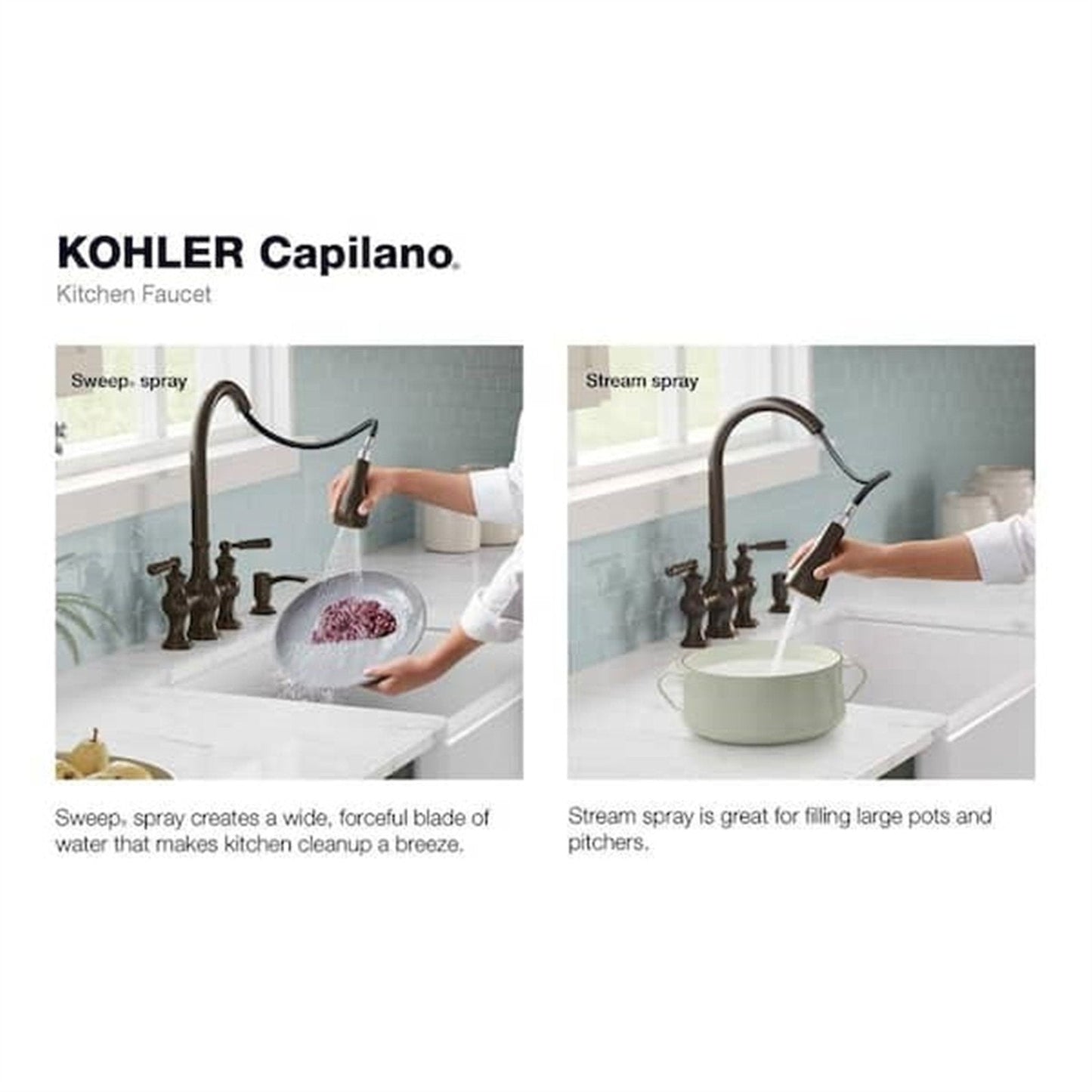 Kohler Capilano 2-Handle Bridge Farmhouse Pull-Down Kitchen Faucet with Soap Dispenser and Sweep Spray in Oil-Rubbed Bronze K-R21070-SD-2BZ