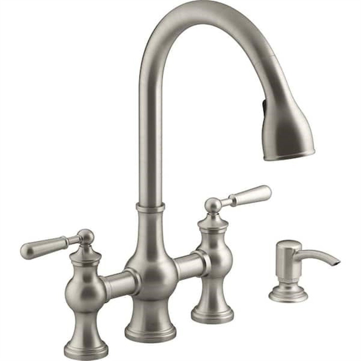 Kohler Capilano 2-Handle Bridge Farmhouse Pull-Down Kitchen Faucet with Soap Dispenser and Sweep Spray in Vibrant Stainless K-R21070-SD-VS