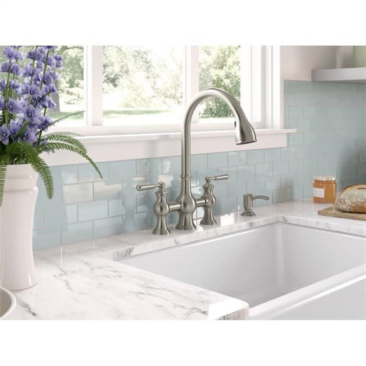 Kohler Capilano 2-Handle Bridge Farmhouse Pull-Down Kitchen Faucet with Soap Dispenser and Sweep Spray in Vibrant Stainless K-R21070-SD-VS