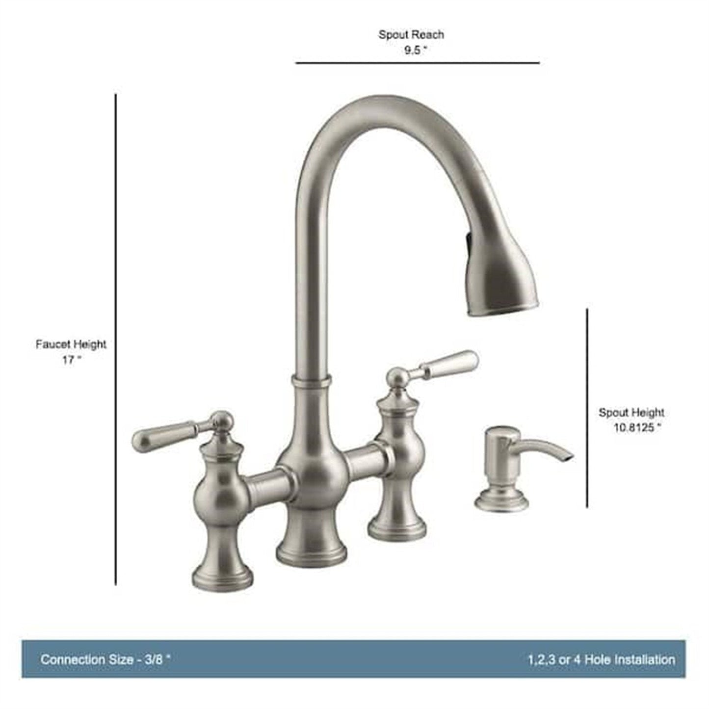 Kohler Capilano 2-Handle Bridge Farmhouse Pull-Down Kitchen Faucet with Soap Dispenser and Sweep Spray in Vibrant Stainless K-R21070-SD-VS