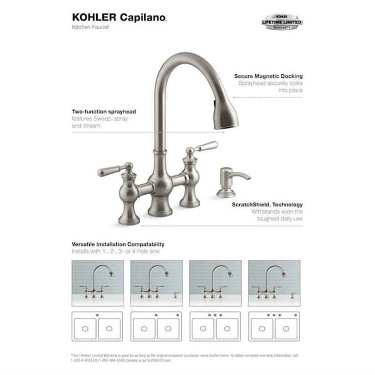 Kohler Capilano 2-Handle Bridge Farmhouse Pull-Down Kitchen Faucet with Soap Dispenser and Sweep Spray in Vibrant Stainless K-R21070-SD-VS