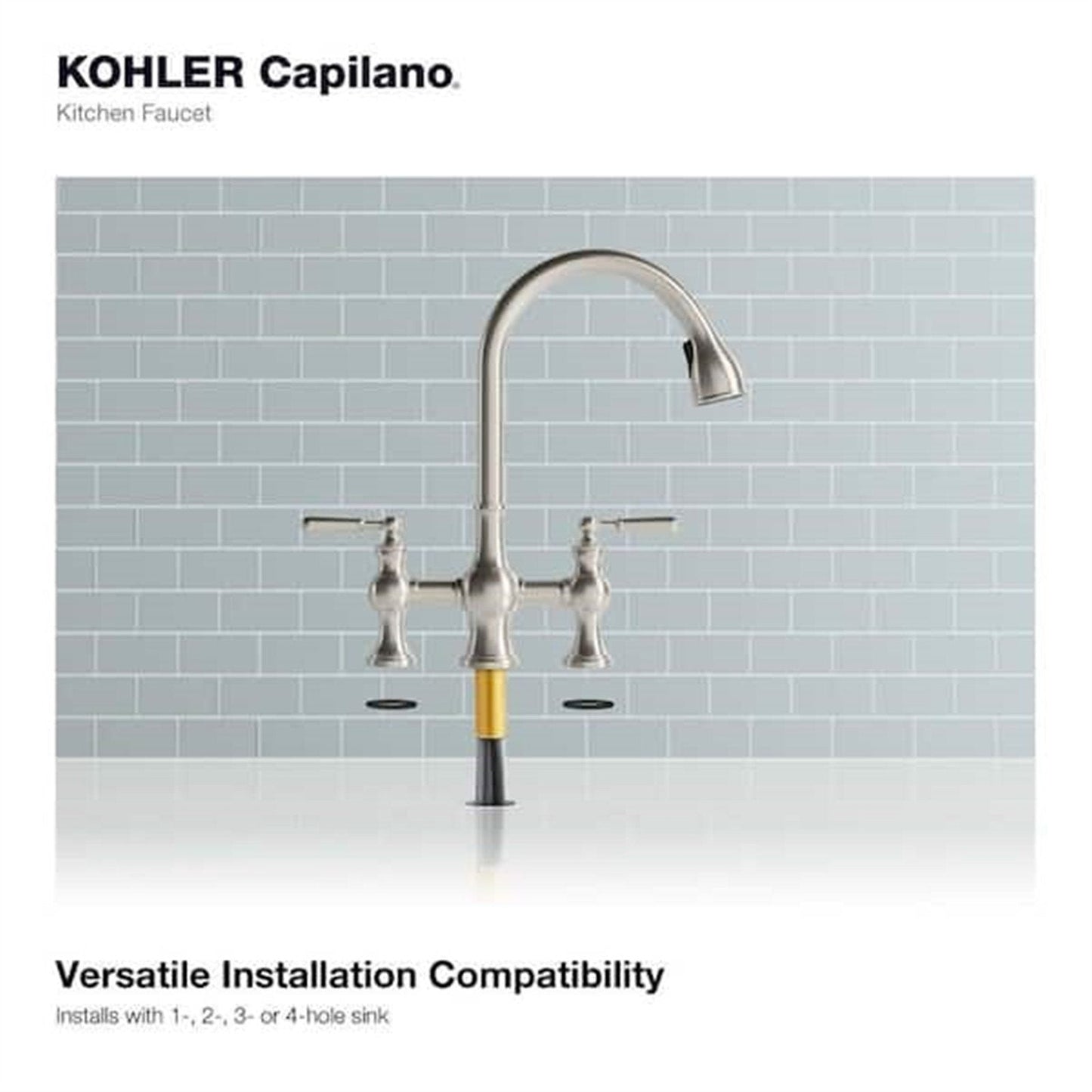 Kohler Capilano 2-Handle Bridge Farmhouse Pull-Down Kitchen Faucet with Soap Dispenser and Sweep Spray in Vibrant Stainless K-R21070-SD-VS
