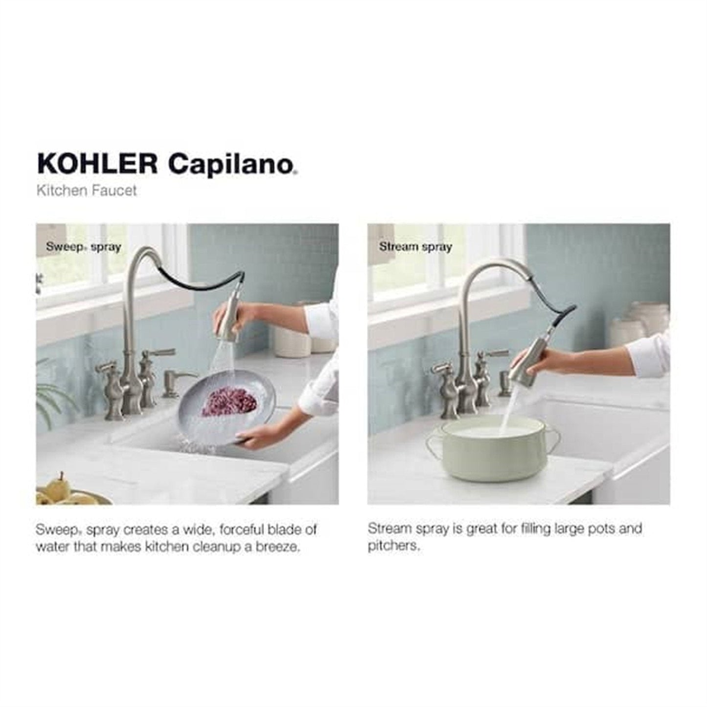 Kohler Capilano 2-Handle Bridge Farmhouse Pull-Down Kitchen Faucet with Soap Dispenser and Sweep Spray in Vibrant Stainless K-R21070-SD-VS