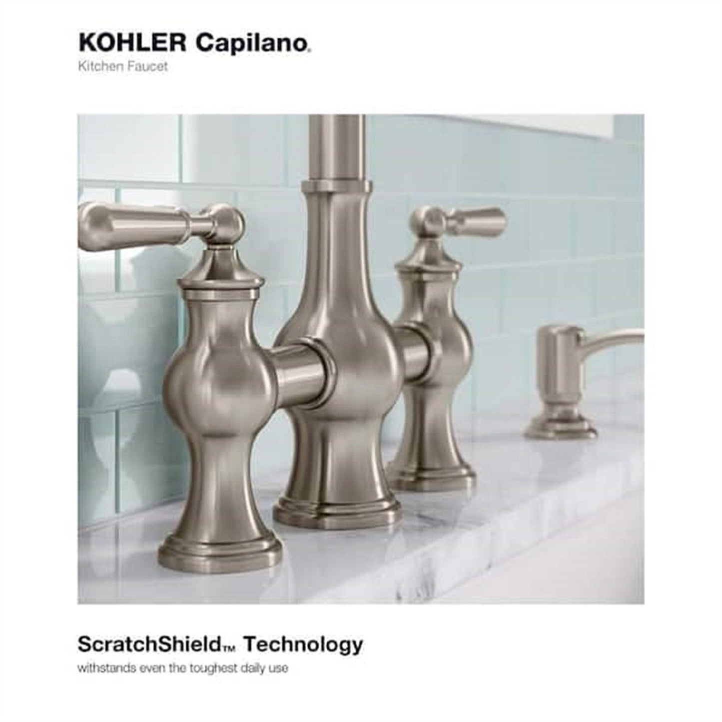 Kohler Capilano 2-Handle Bridge Farmhouse Pull-Down Kitchen Faucet with Soap Dispenser and Sweep Spray in Vibrant Stainless K-R21070-SD-VS