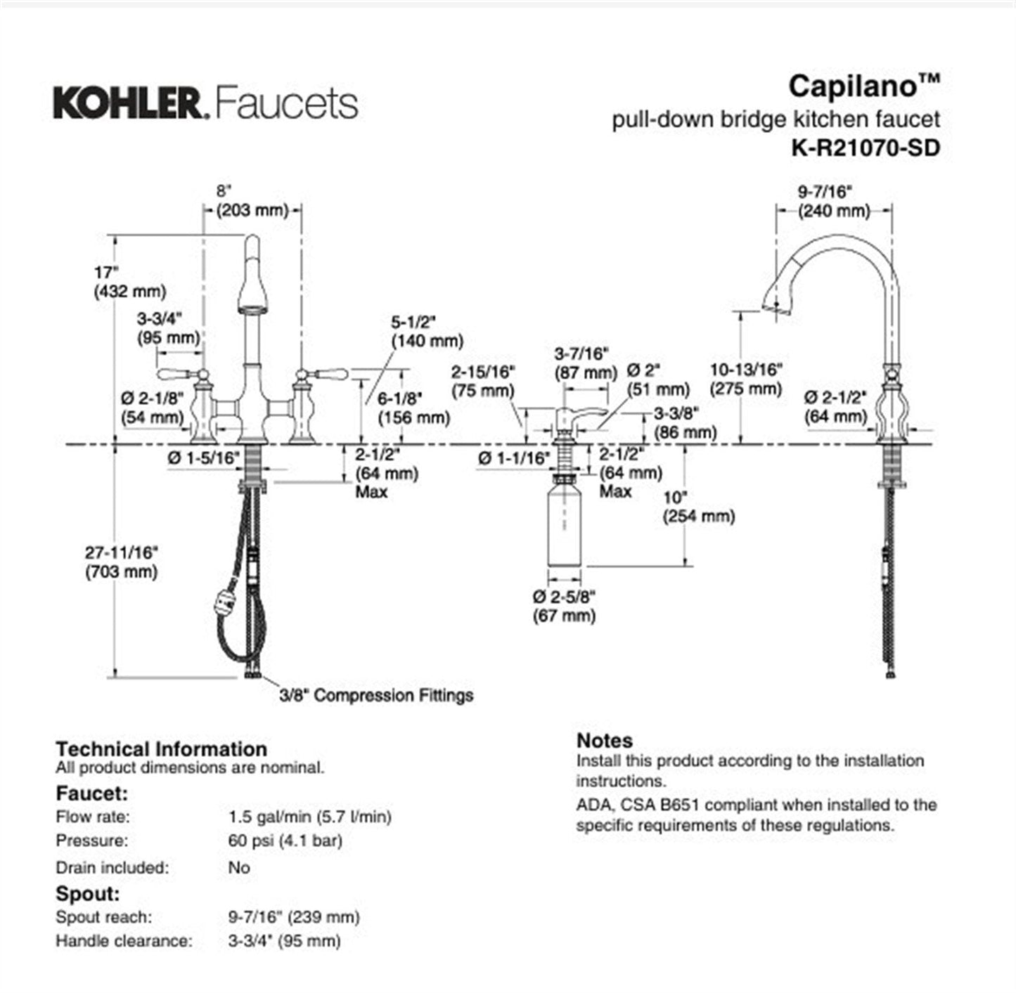 Kohler Capilano 2-Handle Bridge Farmhouse Pull-Down Kitchen Faucet with Soap Dispenser and Sweep Spray in Vibrant Stainless K-R21070-SD-VS