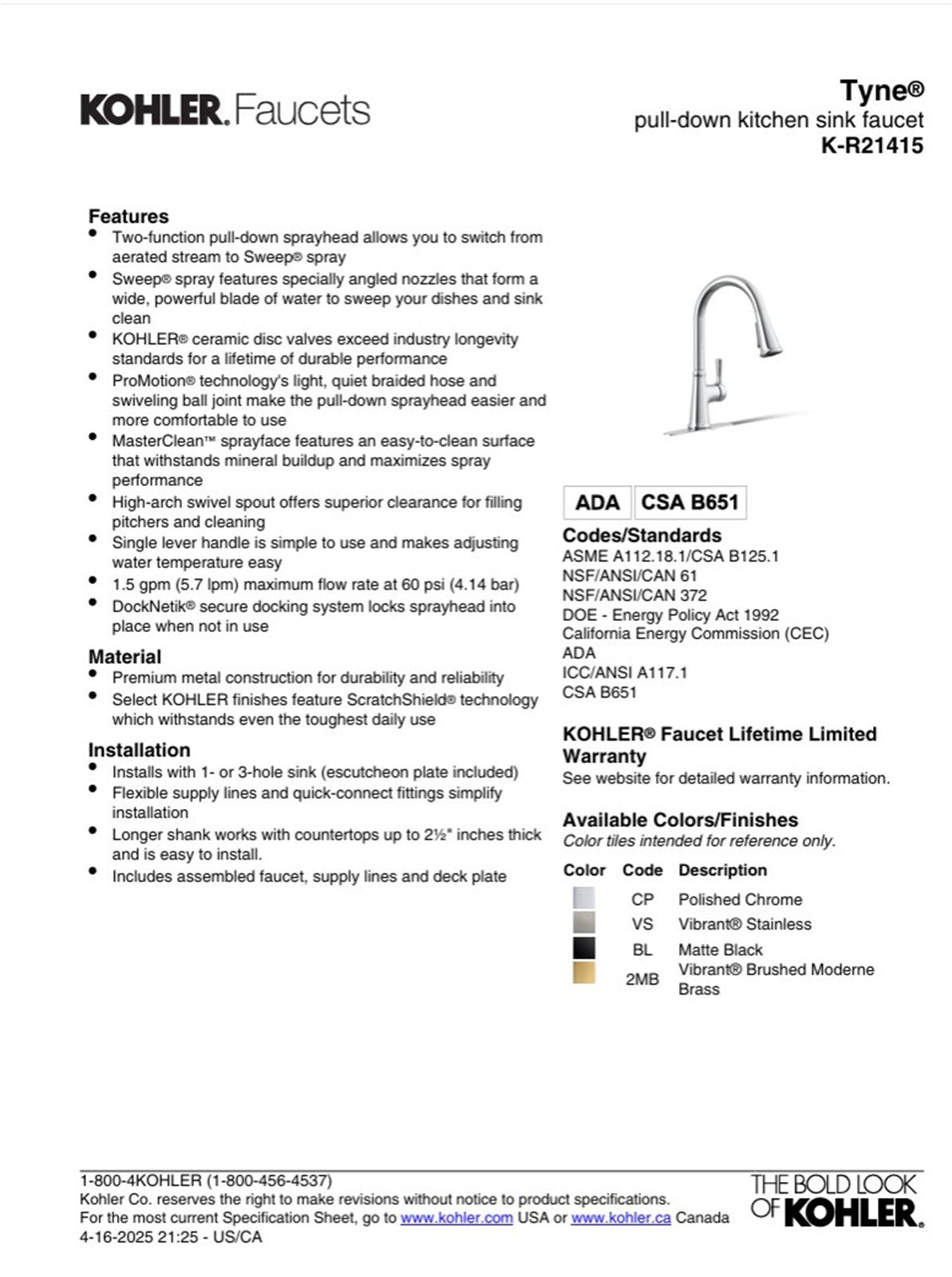 Kohler Tyne Single-Handle Kitchen Faucet in Oil-Rubbed Bronze K-R21415-2BZ
