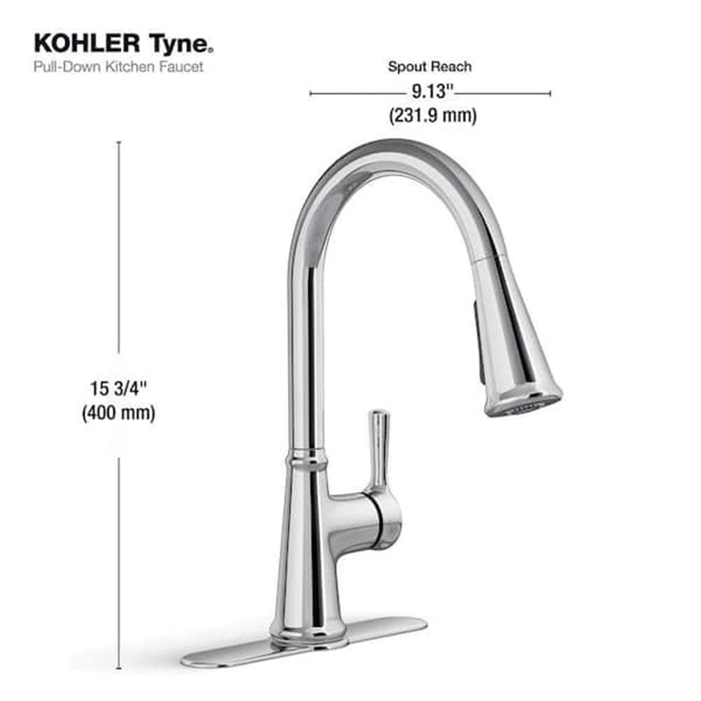 Kohler Tyne 1 Hole Pull Down Kitchen Faucet in Polished Chrome K-R21415-CP