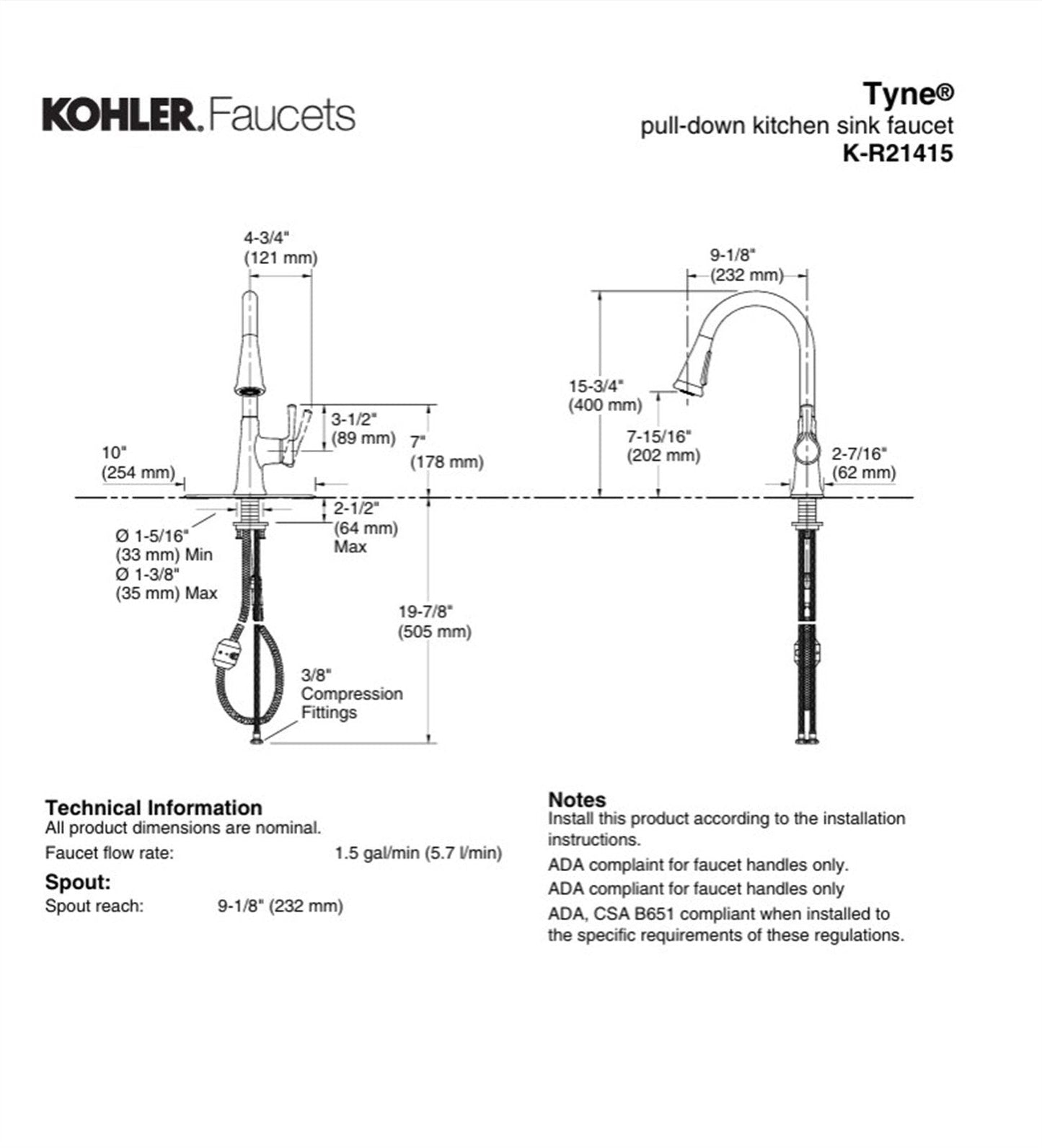 Kohler Tyne 1 Hole Pull Down Kitchen Faucet in Polished Chrome K-R21415-CP