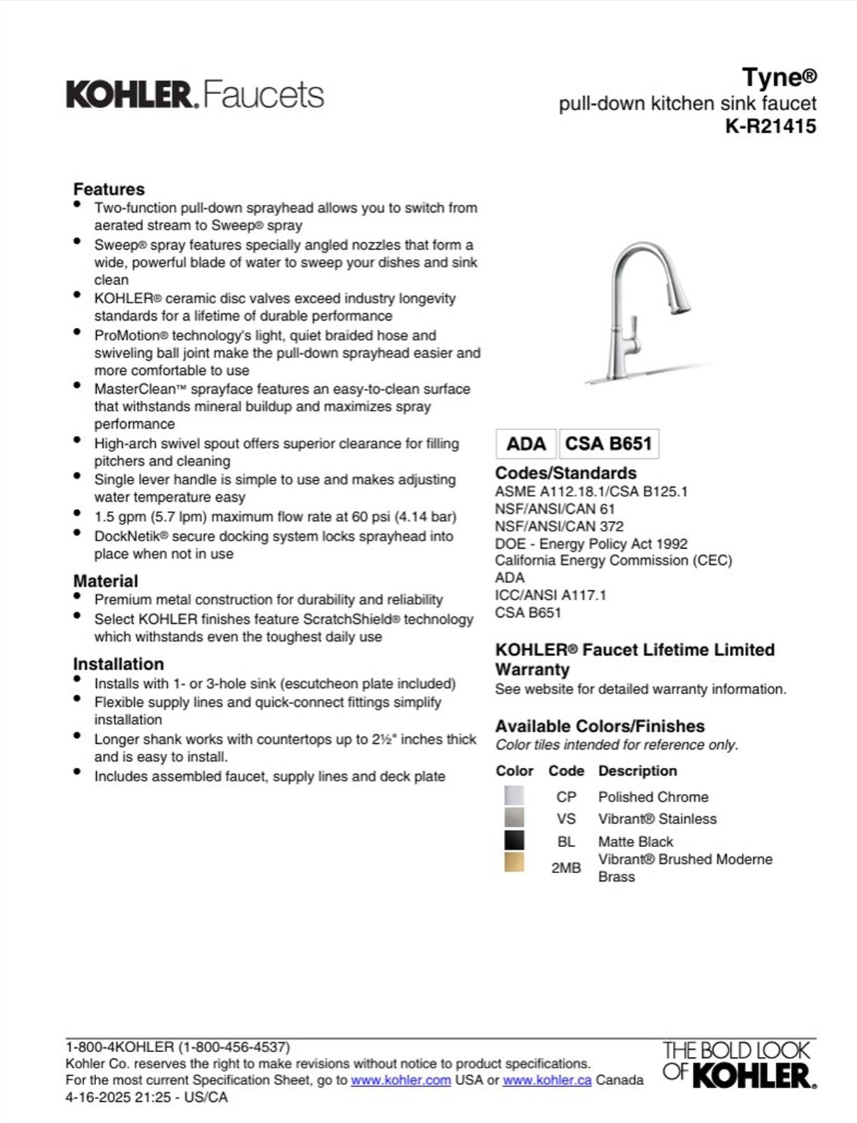Kohler Tyne 1 Hole Pull Down Kitchen Faucet in Polished Chrome K-R21415-CP
