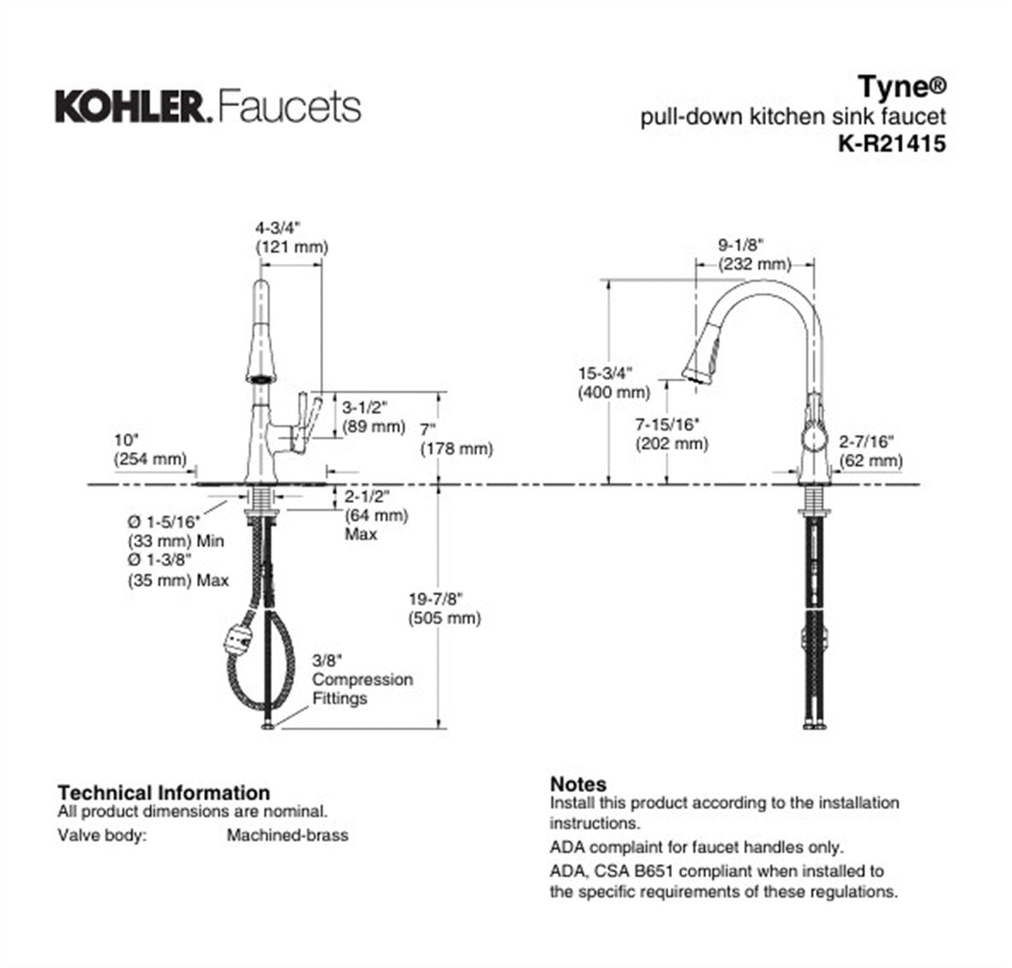 Kohler Tyne Single-Handle Pull-Down Sprayer Kitchen Faucet in Vibrant Stainless K-R21415-VS
