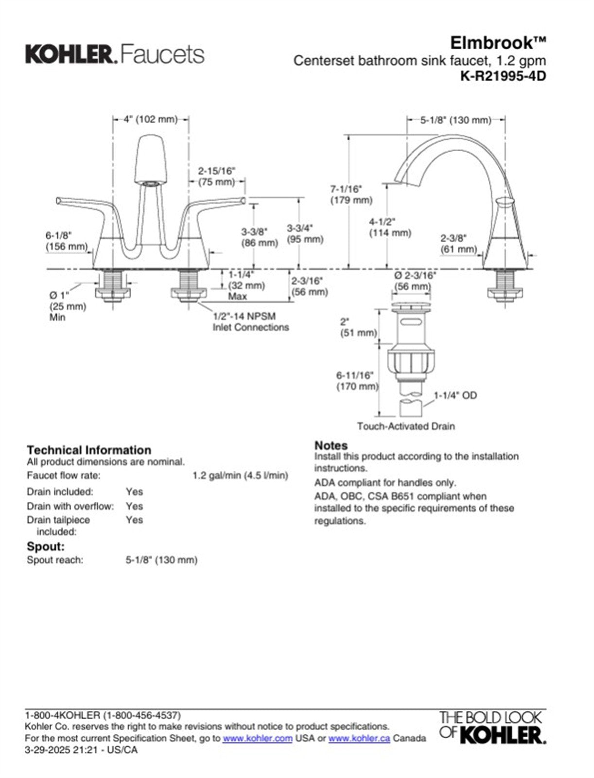 Kohler Elmbrook 4 in. Centerset Bathroom Faucet Polished Chrome K-R21995-4D-CP ✅