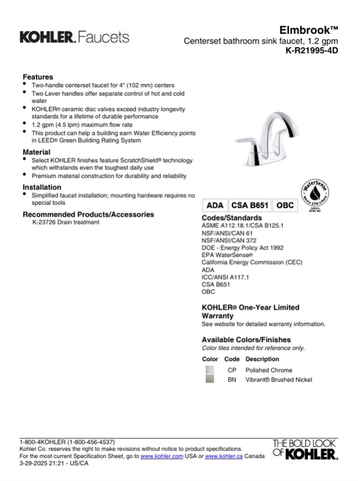 Kohler Elmbrook 4 in. Centerset Bathroom Faucet Polished Chrome K-R21995-4D-CP ✅