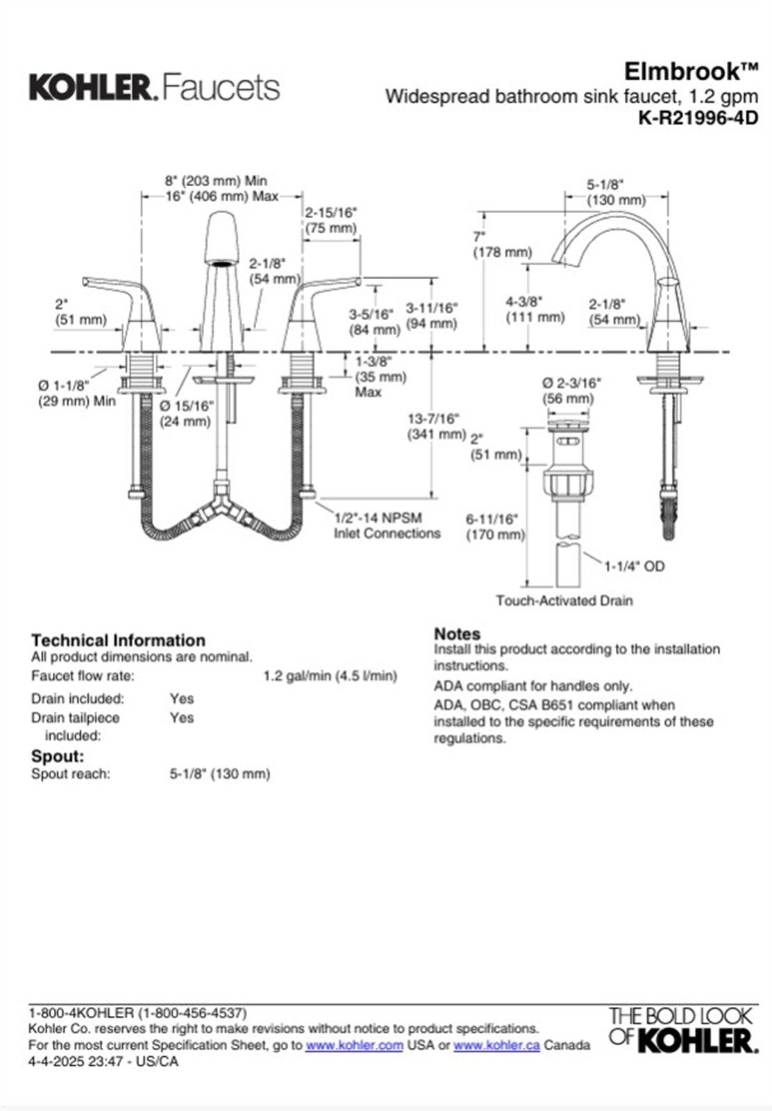 Kohler Elmbrook 8 in. Widespread Bathroom Faucet Polished Chrome K-R21996-4D-CP