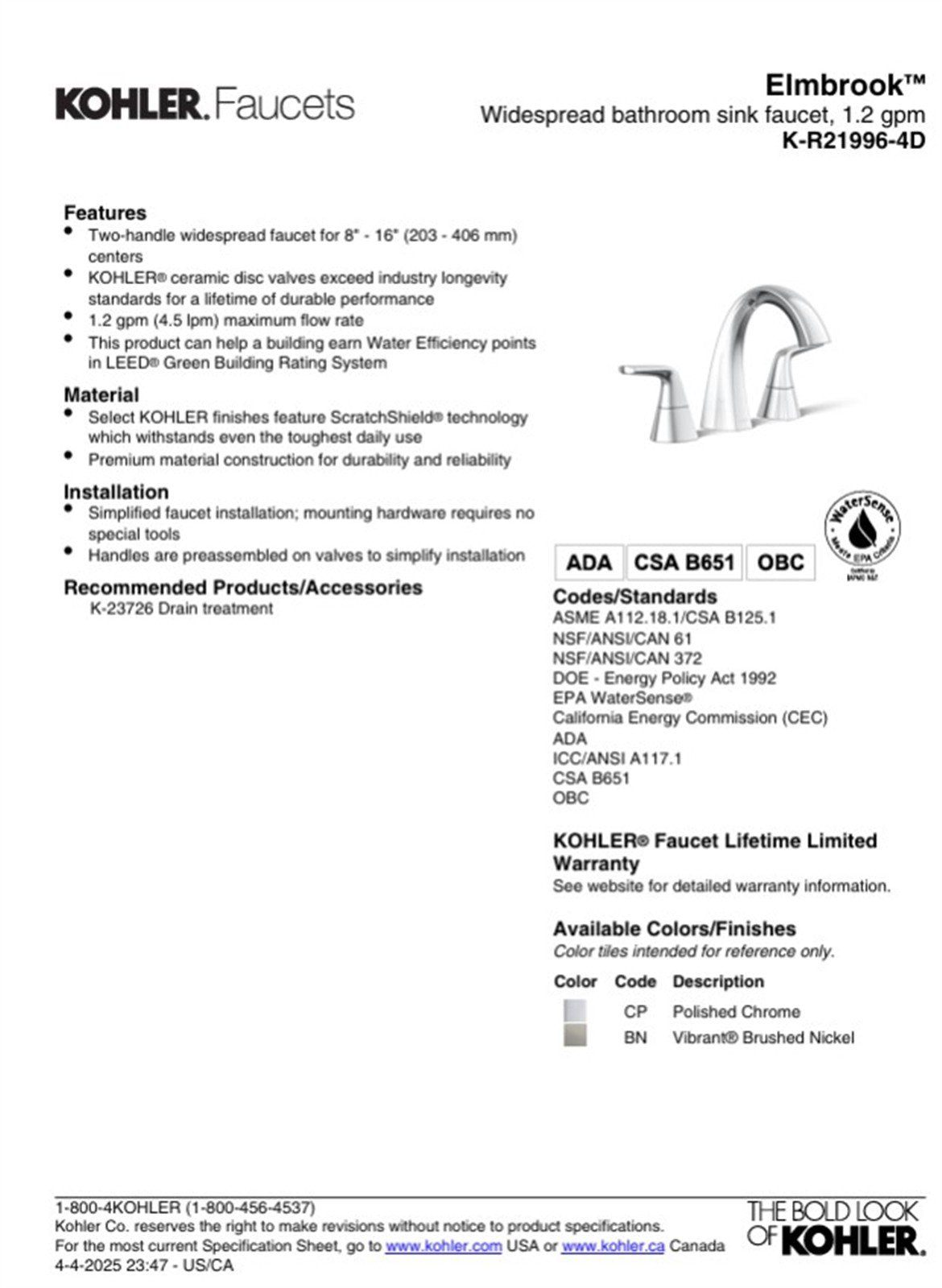 Kohler Elmbrook 8 in. Widespread Bathroom Faucet Polished Chrome K-R21996-4D-CP