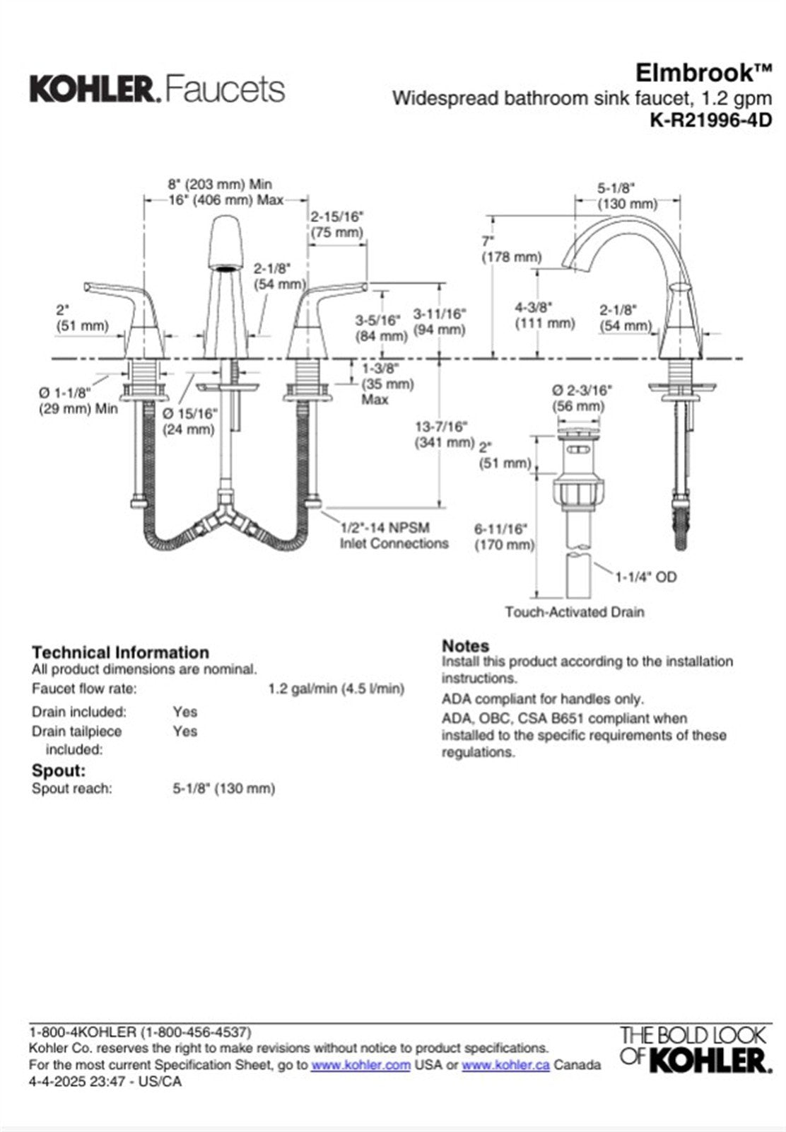 Kohler Elmbrook 8 in. Widespread Bathroom Faucet Polished Chrome K-R21996-4D-CP