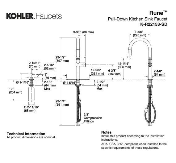 Kohler Rune Centerset Pull Down Kitchen Faucet in Matte Black K-R22153-SD-BL