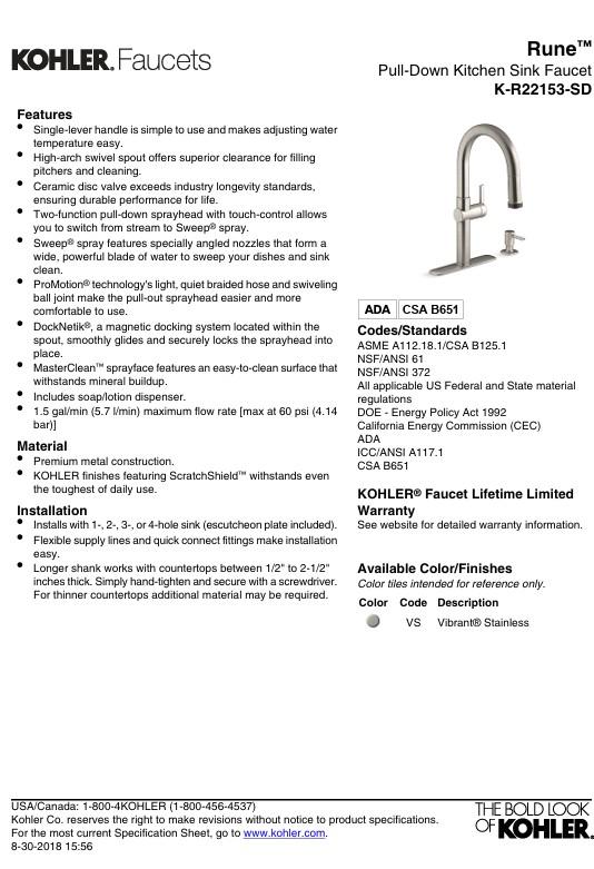Kohler Rune Centerset Pull Down Kitchen Faucet in Matte Black K-R22153-SD-BL