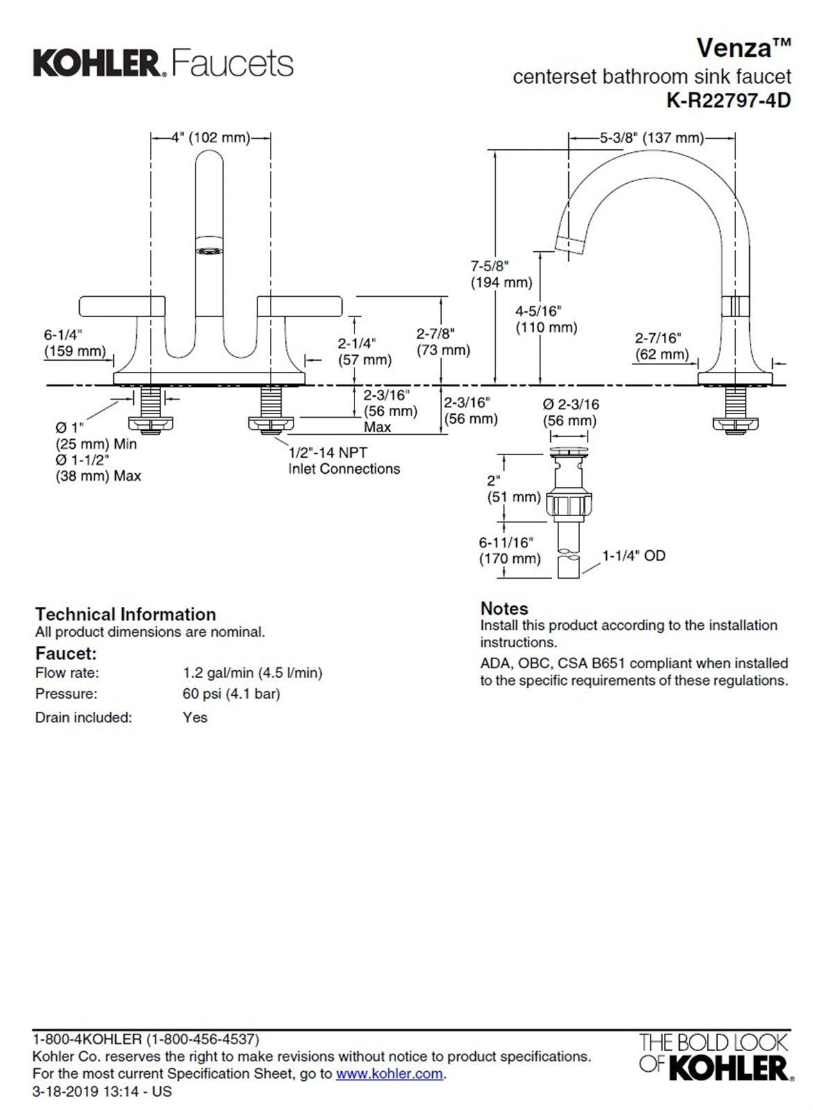 Kohler Contemporary 4 in. Centerset Bathroom Faucet Polished Chrome K-R22797-4D-CP