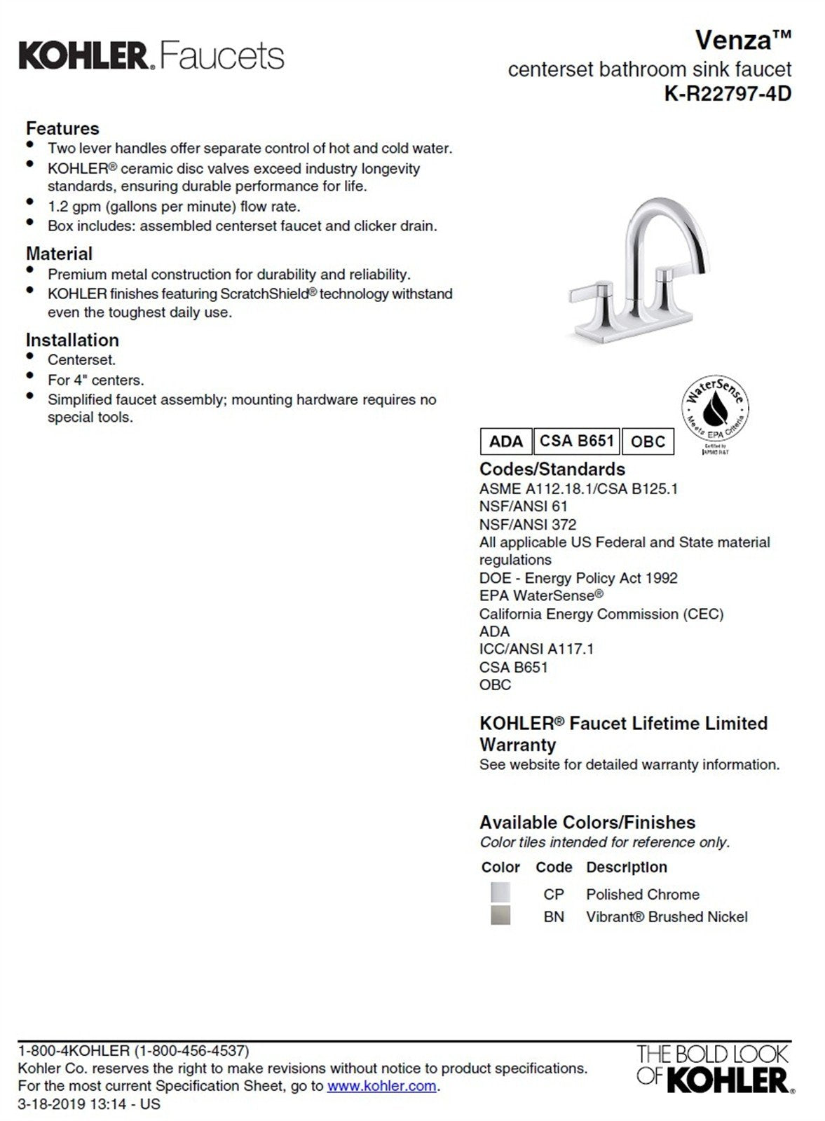 Kohler Contemporary 4 in. Centerset Bathroom Faucet Polished Chrome K-R22797-4D-CP