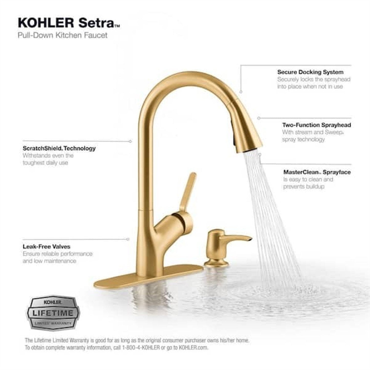 Setra Single-Handle Pull-Down Spray Kitchen Faucet Vibrant Brushed Moderne Brass