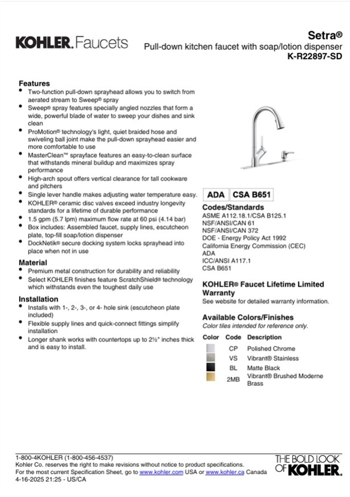 Setra Single-Handle Pull-Down Spray Kitchen Faucet Vibrant Brushed Moderne Brass