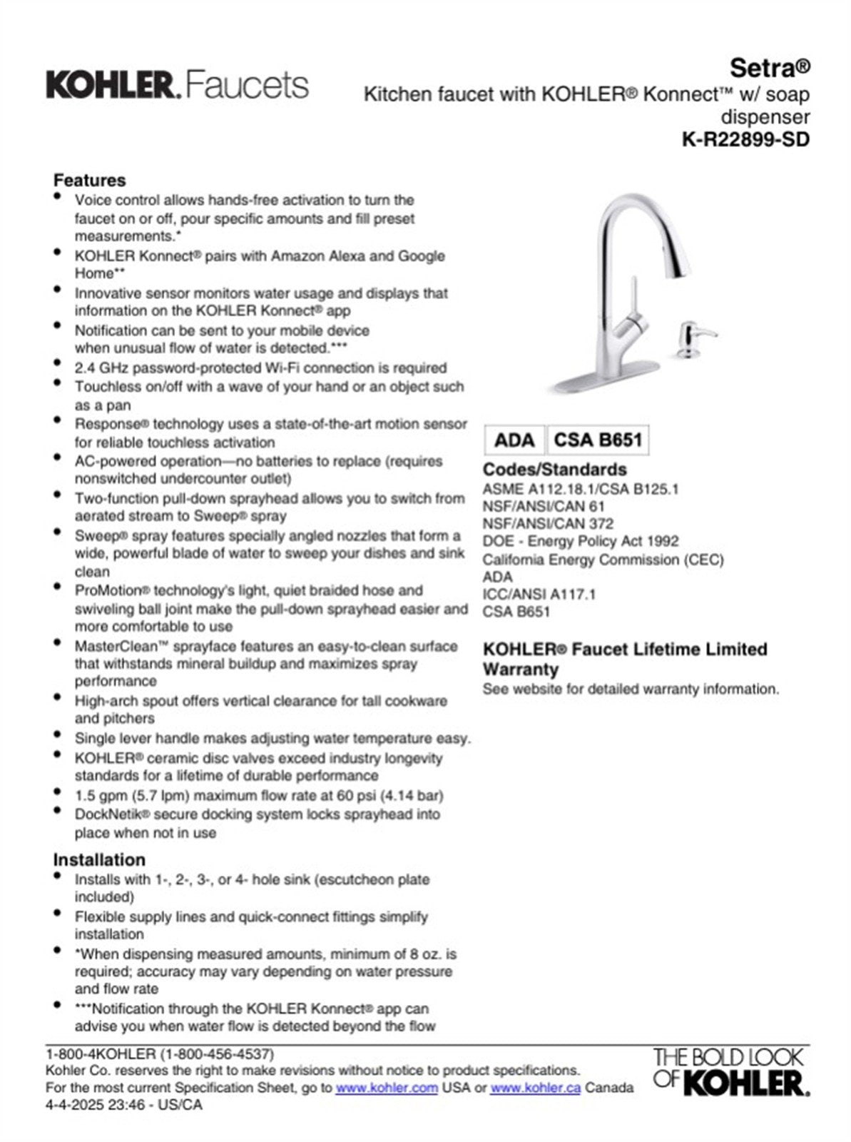 Kohler Setra® Kitchen faucet with Konnect w/ soap Polished Chrome K-R22899-SD-CP