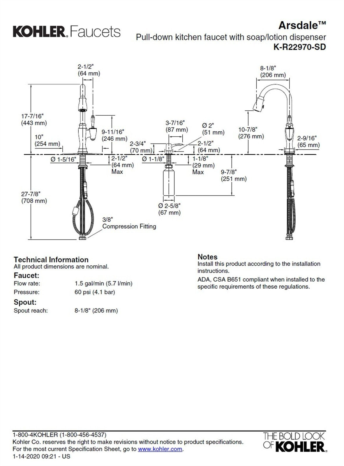 Kohler Arsdale 1 Hole Pull Down Kitchen Faucet in Polished Chrome K-R22970-SD-CP
