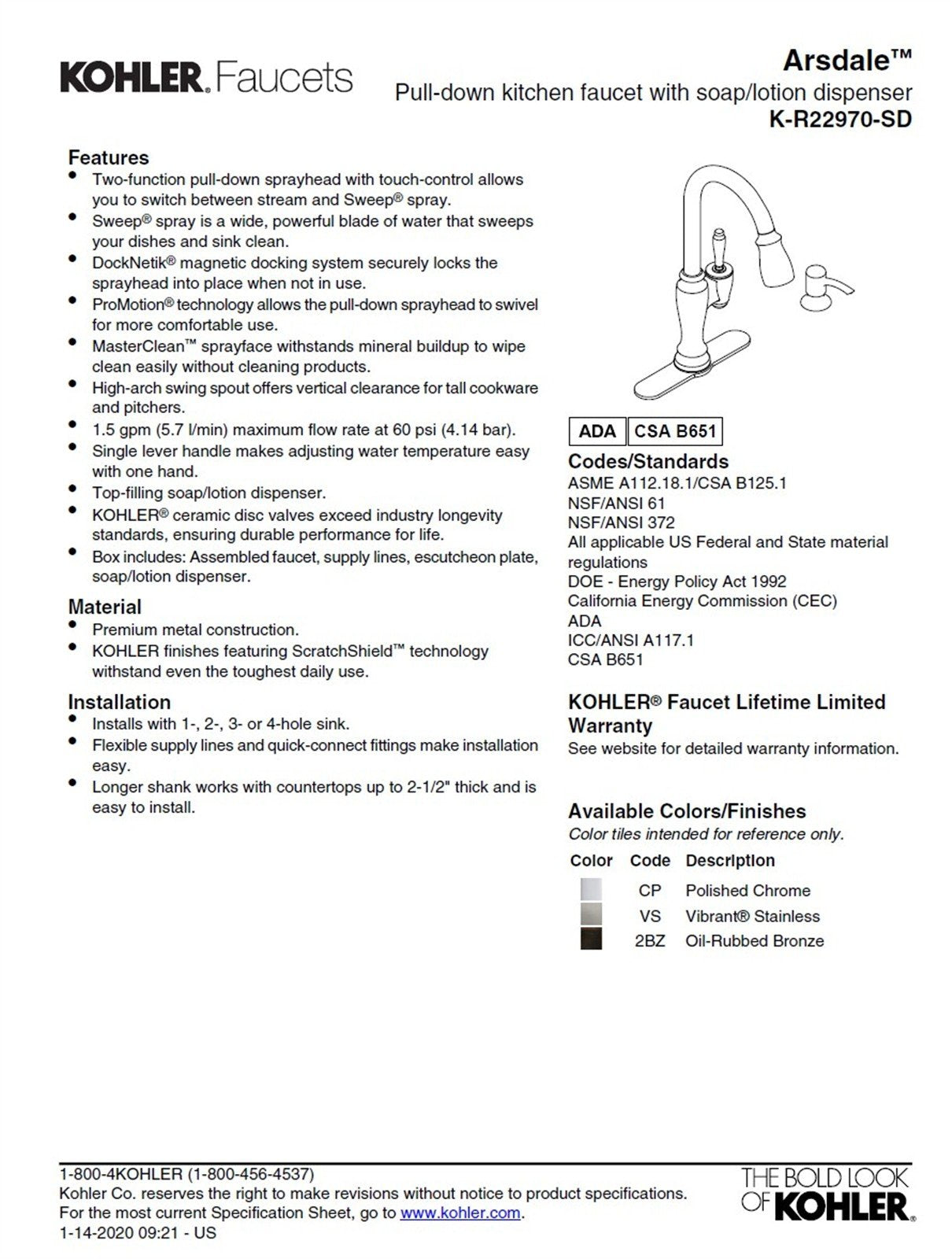 Kohler Arsdale 1 Hole Pull Down Kitchen Faucet in Polished Chrome K-R22970-SD-CP